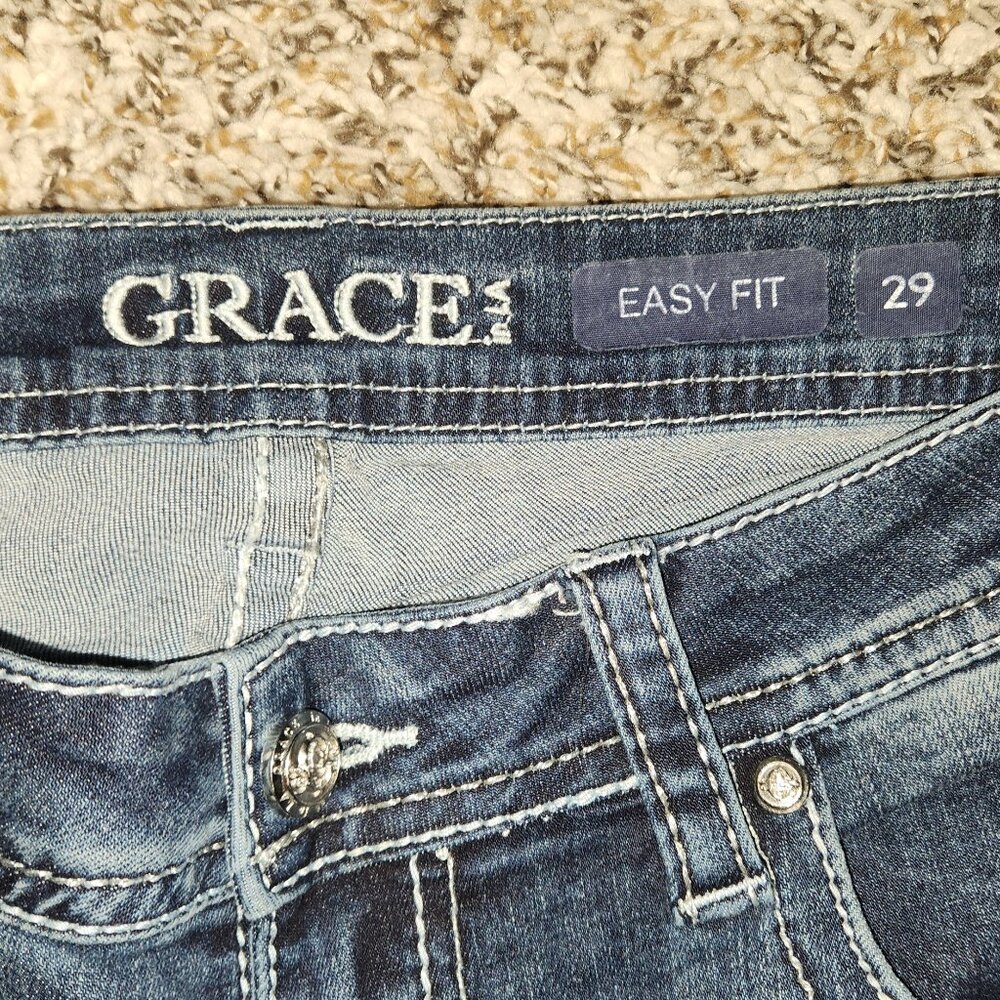Grace in LA Women’s Easy Fit Mid-Rise Bootcut Jeans Feather Embroidery Bling Siz - Picture 12 of 14